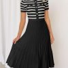 Saonta Women's Casual Striped Midi Dress Crewneck Short Sleeve Button Ribbed Knit Swing Pleated A Line Dresses