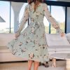 Saonta  Women's Floral Midi Dress Puff Long Sleeve Casual Ruffle Chiffon A-Line Swing Pleated Belted Tea Party Dresses