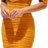 Saonta  Womens Summer Off The Shoulder Ruched Bodycon Dresses Sleeveless Fitted Party Club Midi
