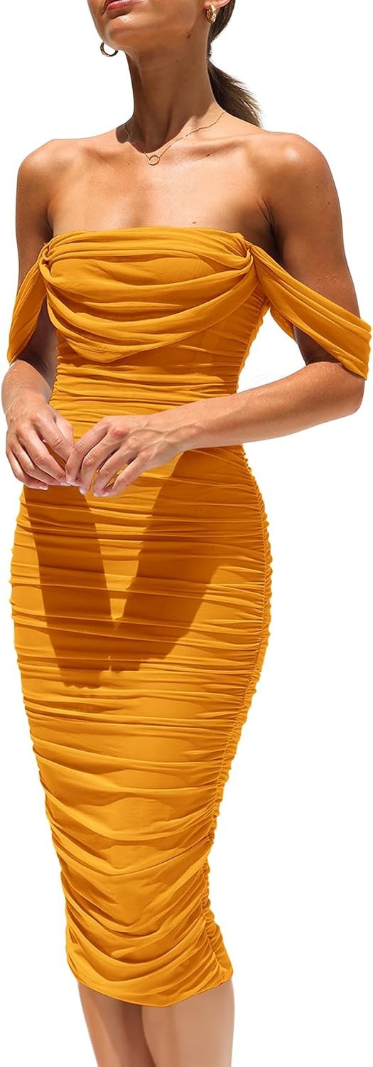 Saonta Womens Summer Off The Shoulder Ruched Bodycon Dresses Sleeveless Fitted Party Club Midi