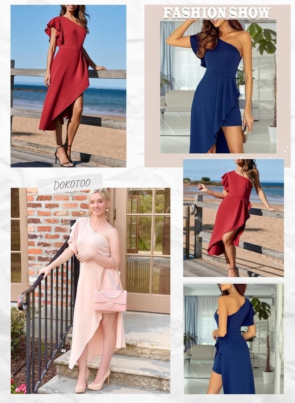 Saonta  Womens One Shoulder Sleeveless Ruffle Empire Waist Asymmetrical High-Low Bodycon Formal Wedding Guest Midi Dresses