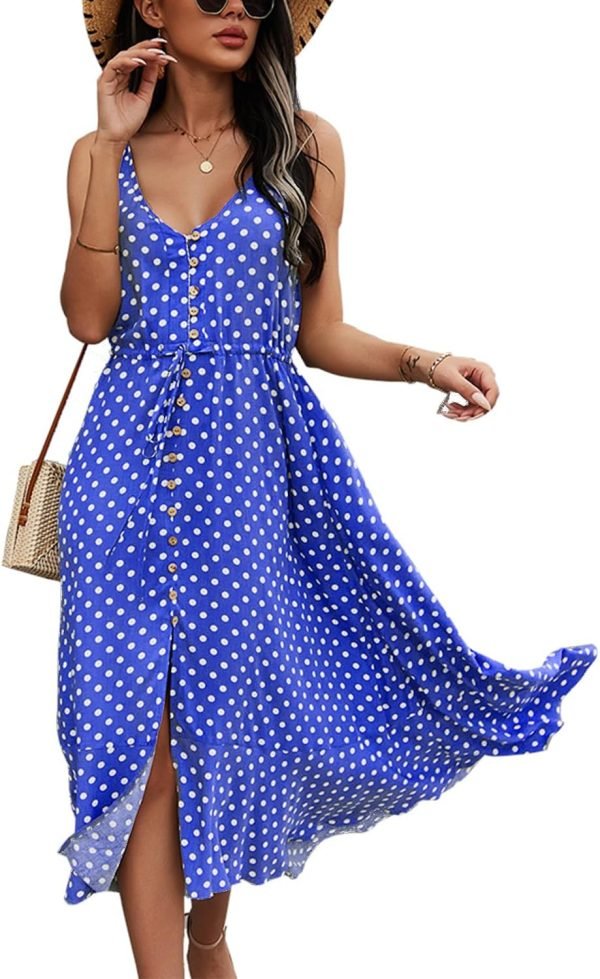 Saonta  Women's 2024 Summer Casual Boho Sundress Polka Dot Spaghetti Strap V Neck Flowy Midi Dresses
