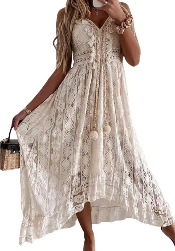 Saonta  Women's Maxi Dress Lace Dresses Boho Tassel V-Neck Flare Ruffle Adjustable Straps Beach Summer Long Dress