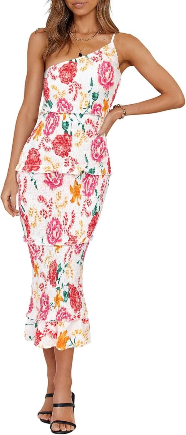 Saonta  Womens Floral Summer One Shoulder Strappy Tiered Ruffle Midi Bodycon Dresses