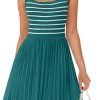 Saonta Women's Summer Sleeveless Mini Dress 2024 Square Neck Striped Knit A Line Pleated Tank Dresses