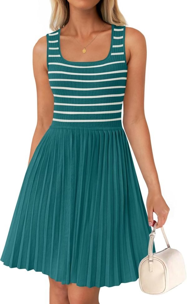 Saonta Women's Summer Sleeveless Mini Dress 2024 Square Neck Striped Knit A Line Pleated Tank Dresses