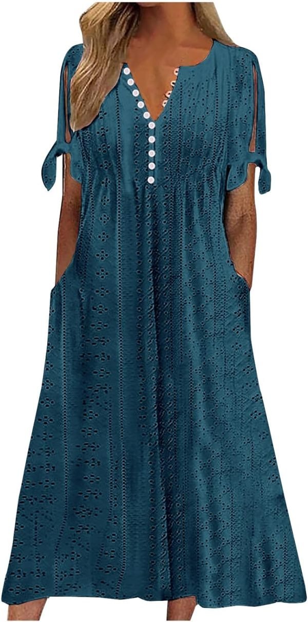 Womens Bohemian Maxi Long Dress Trendy Boho Dresses V Neck Beach Vacation Dress Casual Beachy Outfits with Pockets