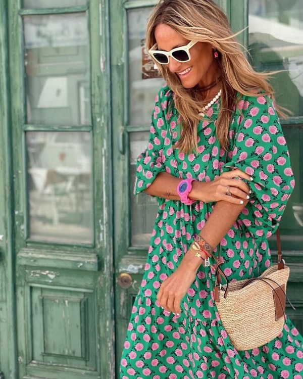 Saonta  Womens Loose Fit Casual Summer V Neck Half Sleeve Bohemian Geometric Pattern Maxi Long Dresses