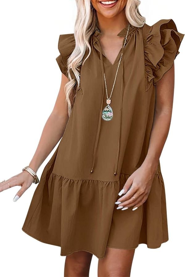 Saonta  Womens Summer V-Neck Drawstring Ruffle Cap Short Sleeve Casual Shift Mini Dress with Pockets