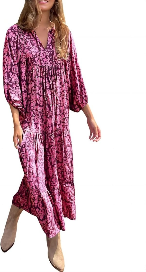 Saonta  Womens Loose Fit Casual Summer V Neck Half Sleeve Bohemian Geometric Pattern Maxi Long Dresses