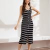 Saonta  Womens 2024 Summer Striped Dress Sleeveless Knitted Midi Bodycon Dresses Tank Ribbed Sweater Beach Dress