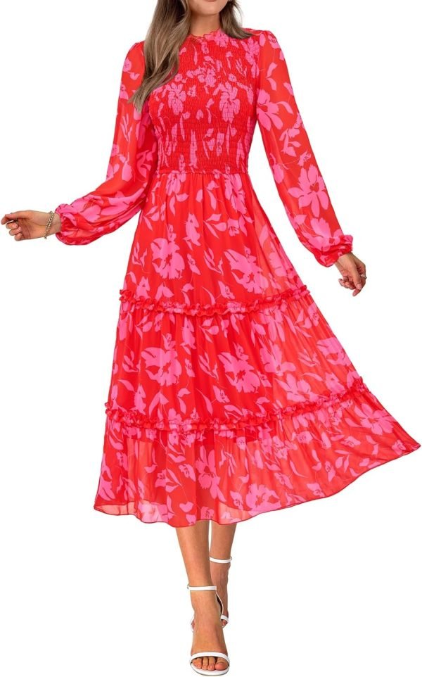 Saonta  Women 2024 Fall Dress Floral Boho Dress Casual Long Sleeve Crew Neck Ruffle A-Line Flowy Wedding Guest Maxi Dresses