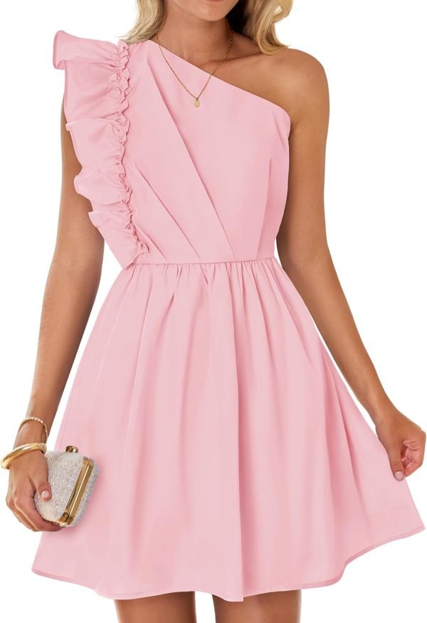 Saonta Women's Summer One Shoulder Ruffle Dress 2024 Boho Sleeveless Elastic High Waist Swing Mini Dresses