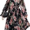 Saonta  Women's Floral Midi Dress Puff Long Sleeve Casual Ruffle Chiffon A-Line Swing Pleated Belted Tea Party Dresses