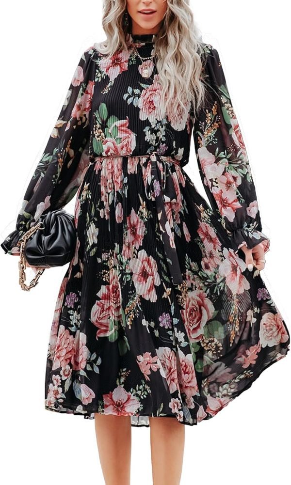 Saonta  Women's Floral Midi Dress Puff Long Sleeve Casual Ruffle Chiffon A-Line Swing Pleated Belted Tea Party Dresses