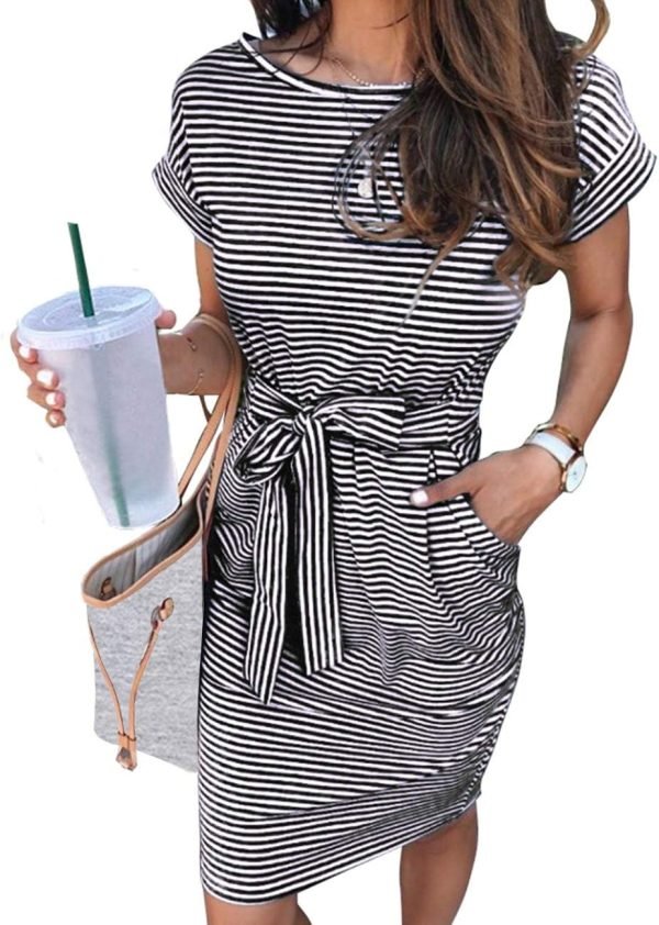 Saonta  Women's Summer Striped Short Sleeve T Shirt Dress Casual Tie Waist with Pockets