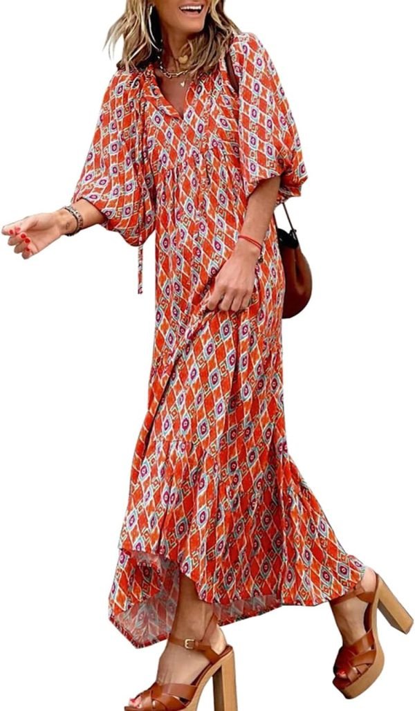 Saonta  Womens Loose Fit Casual Summer V Neck Half Sleeve Bohemian Geometric Pattern Maxi Long Dresses