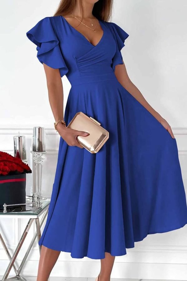 Saonta Womens 2024 Summer Midi Dress Ruffle Cap Sleeve V Neck Swing A Line Cocktail Party Dresses