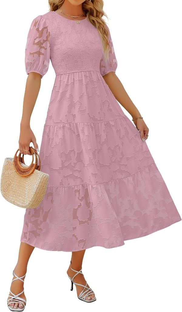 Saonta Women's 2024 Summer Short Puff Sleeve Crewneck Smocked Floral Lace Flowy A Line Tiered Maxi Dresses