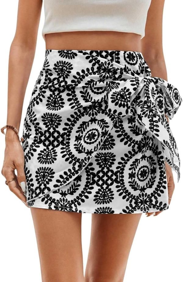 Saonta  Women's Allover Print Wrap Short Skirt High Waisted Knot Side Boho Mini Skirts