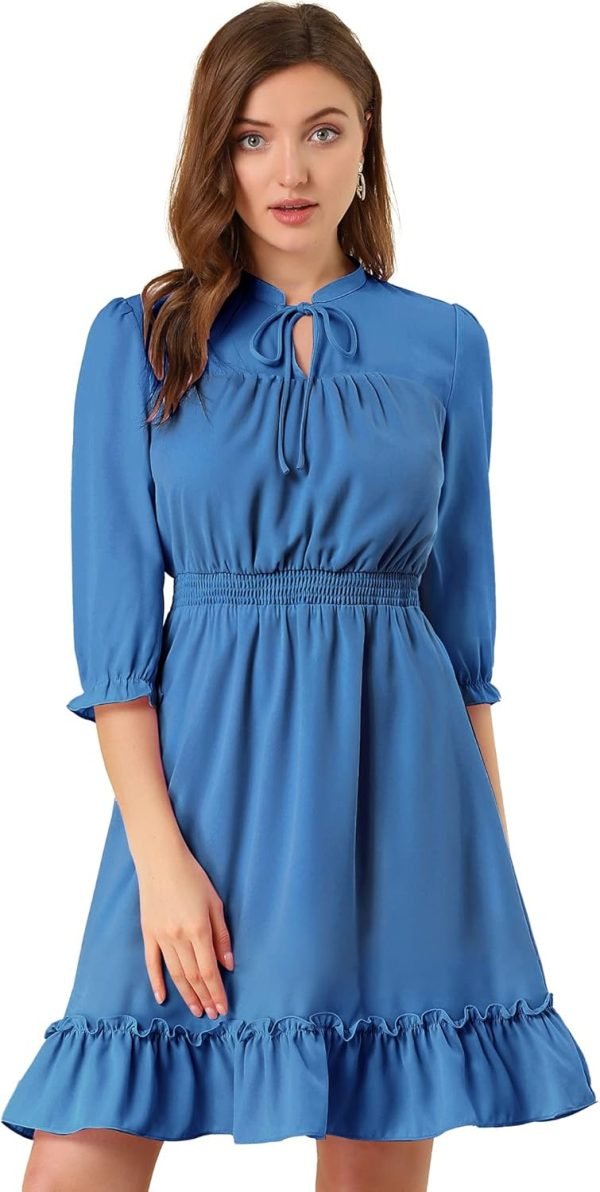 Saonta  K Women's Autumn Wedding Guest Dresses Ruffle Hem 3/4 Sleeve A-Line Smocked Short Chiffon Dress