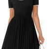 Saonta Women's Ribbed Square Neck Color Block Pleated Mini Dress Short Sleeve A Line Knit Short Dresses