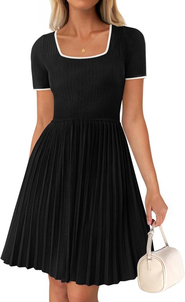 Saonta Women's Ribbed Square Neck Color Block Pleated Mini Dress Short Sleeve A Line Knit Short Dresses