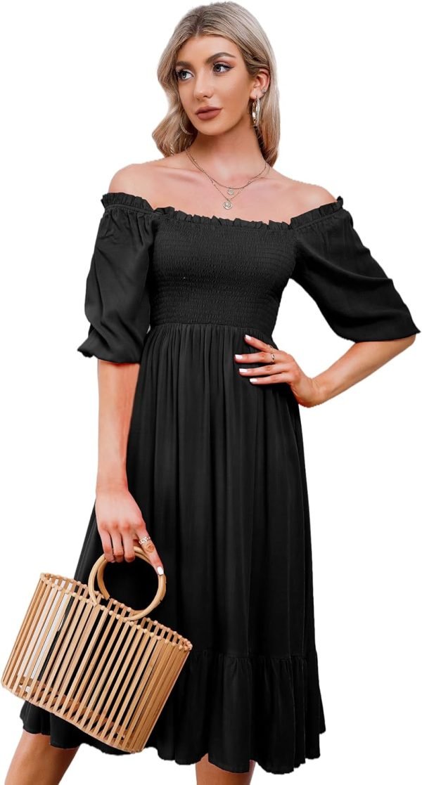 Saonta  Women's Summer Cotton Puff Sleeves Casual Vintage Polka Dots Print Off Shoulder Midi Dress