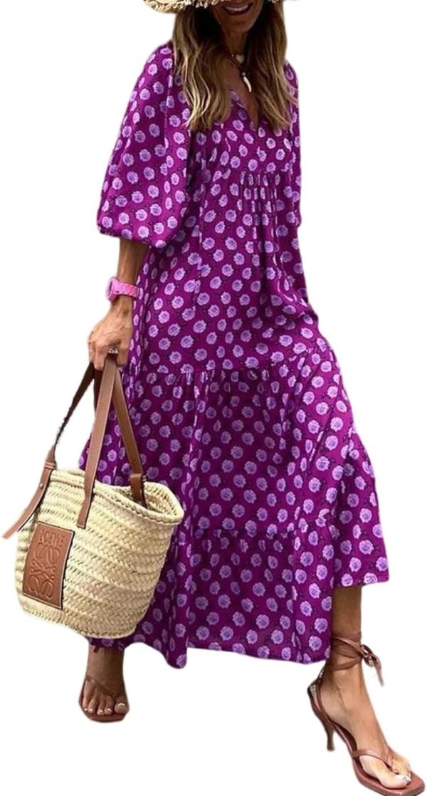 Saonta  Women Boho Maxi Dresses 2024 V Neck Long Puff Sleeve Smocked Ruffle Flowy Casual Dress