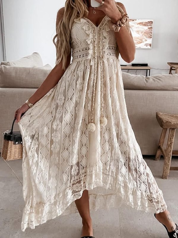 Saonta  Women's Maxi Dress Lace Dresses Boho Tassel V-Neck Flare Ruffle Adjustable Straps Beach Summer Long Dress
