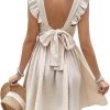 Saonta  Women's Mini Dress V Neck Flutter Sleeve Cotton Self Tie Back A Line Short Summer Cover Up Dress