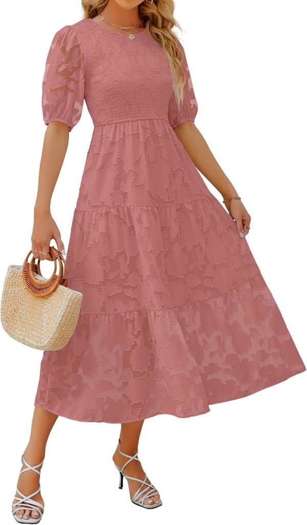 Saonta Women's 2024 Summer Short Puff Sleeve Crewneck Smocked Floral Lace Flowy A Line Tiered Maxi Dresses