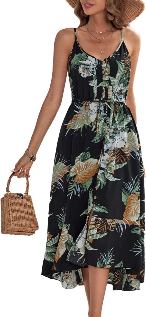 Saonta  Women's 2024 Summer Casual Boho Sundress Polka Dot Spaghetti Strap V Neck Flowy Midi Dresses