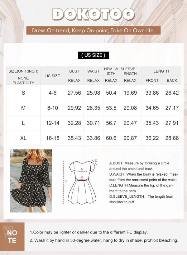 Saonta  Womens Summer Dresses 2024 Boho Floral Square Neck Smocked 3/4 Sleeve Casual A-Line Swing Mini Babydoll Dress
