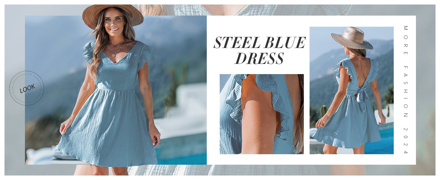 steel blue v neck mini summer cover up dress