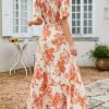 Saonta Women's 2024 Summer Casual Floral Print Short Flutter Sleeve Crew Neck Smocked High Waist Flowy Maxi Dress