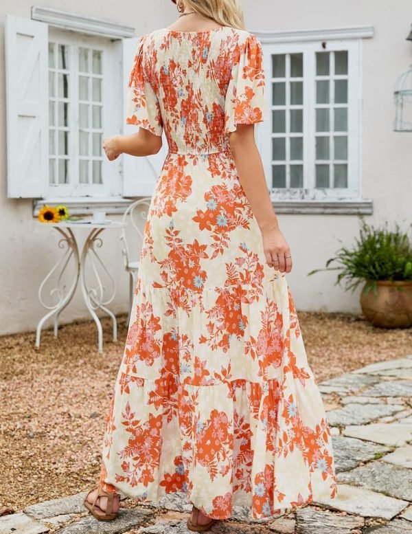 Saonta Women's 2024 Summer Casual Floral Print Short Flutter Sleeve Crew Neck Smocked High Waist Flowy Maxi Dress