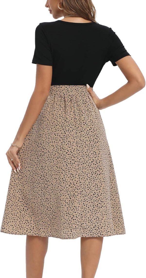 Saonta  Summer Dresses for Women 2024 Short Sleeve Elastic Waist Casual Dresses Ribbed Floral Work Midi Dress with Pockets