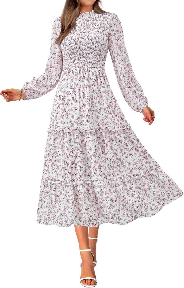 Saonta  Women 2024 Fall Dress Floral Boho Dress Casual Long Sleeve Crew Neck Ruffle A-Line Flowy Wedding Guest Maxi Dresses