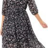 Saonta  Women's Short Sleeve V-Neck 3/4 Sleeve Button Up Chiffon Floral Pleated Midi Swing Dress with Belt