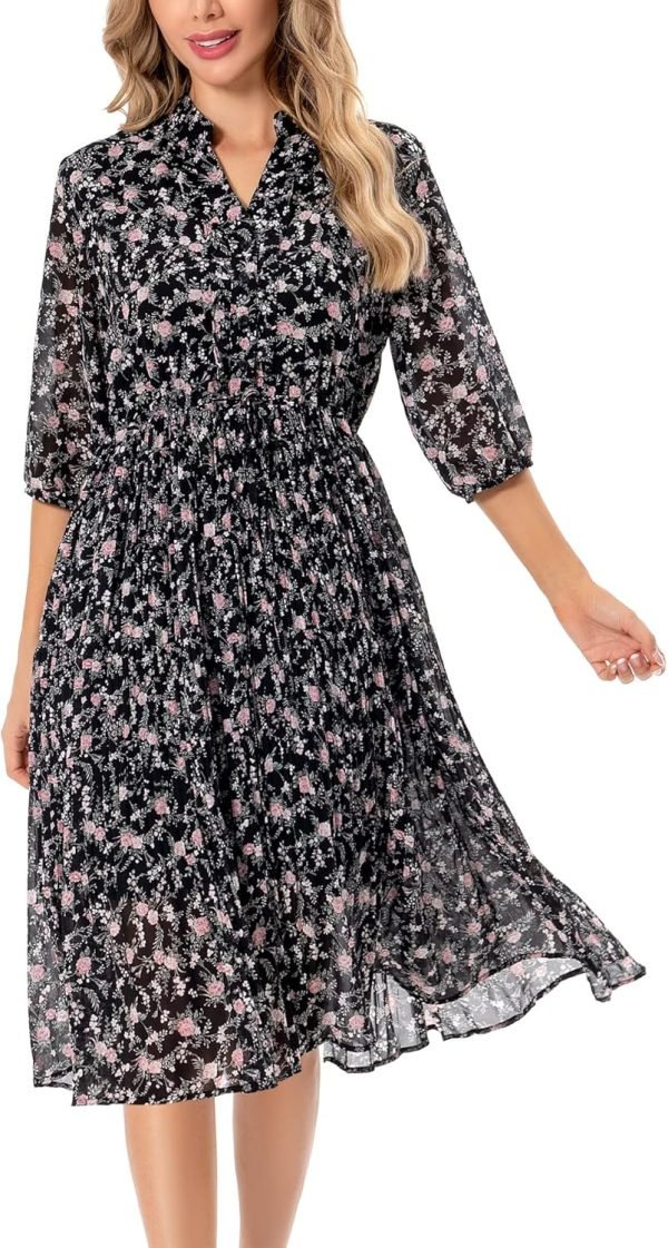 Saonta  Women's Short Sleeve V-Neck 3/4 Sleeve Button Up Chiffon Floral Pleated Midi Swing Dress with Belt