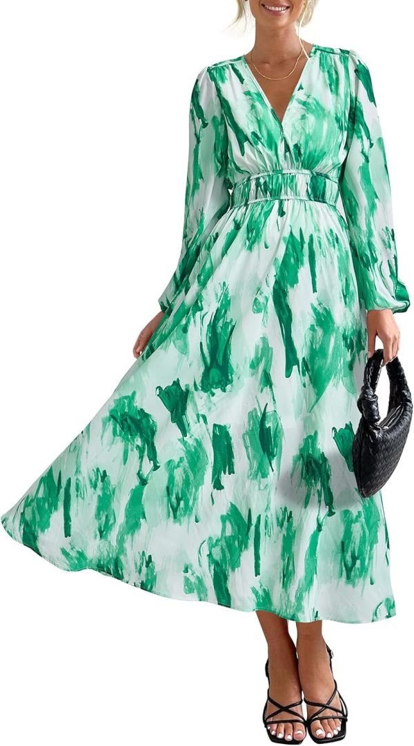 Saonta  Women's 2024 Fall Boho Maxi Dress Casual Long Sleeve V Neck Printed Beach Long Flowy Dresses