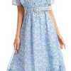 Saonta  Women's Short Sleeve Button Up Ruffle Chiffon Floral Midi Swing Dress with Belt