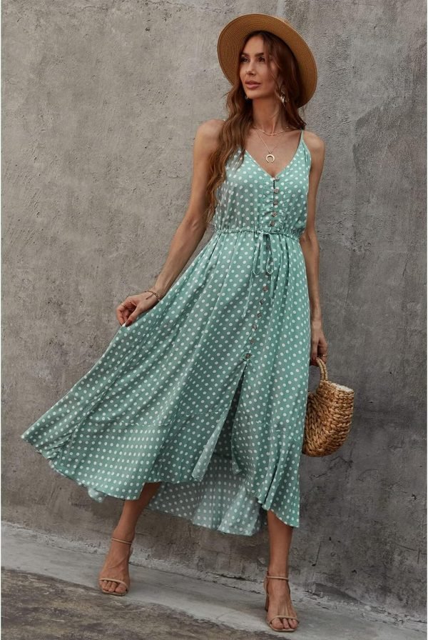 Saonta  Women's 2024 Summer Casual Boho Sundress Polka Dot Spaghetti Strap V Neck Flowy Midi Dresses