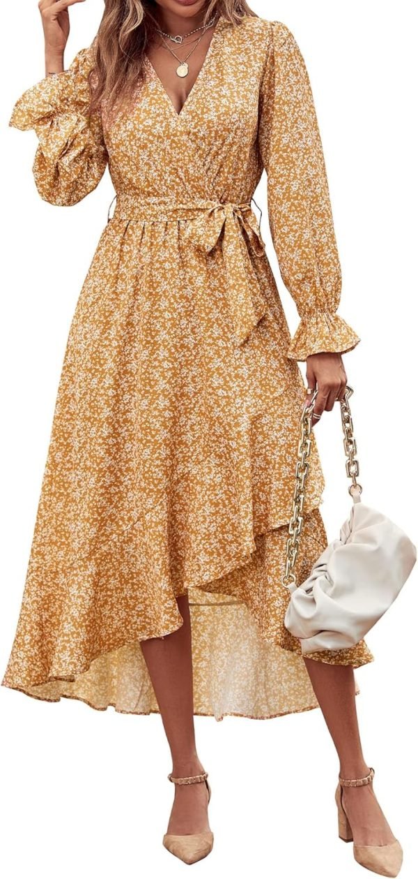Saonta  Women Long Sleeve Wrap Maxi Dress V Neck Boho Floral High Waist Flowy Ruffle 2024 Spring Summer Dresses with Belt