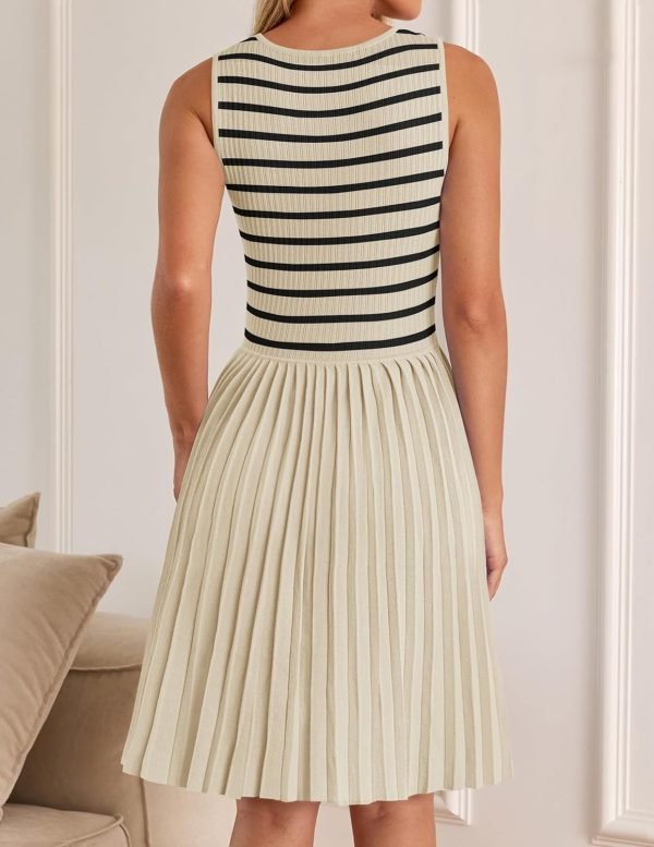 Saonta Women's Summer Sleeveless Mini Dress 2024 Square Neck Striped Knit A Line Pleated Tank Dresses