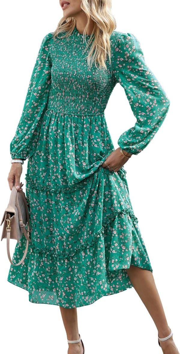 Saonta  Women 2024 Fall Dress Floral Boho Dress Casual Long Sleeve Crew Neck Ruffle A-Line Flowy Wedding Guest Maxi Dresses