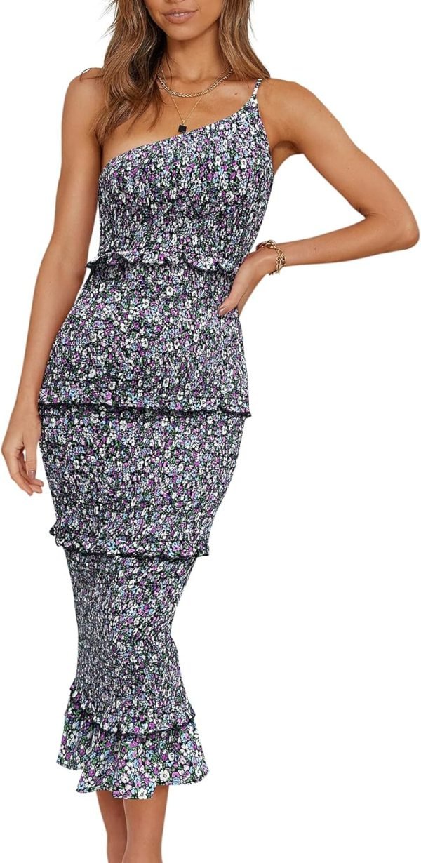 Saonta  Womens Floral Summer One Shoulder Strappy Tiered Ruffle Midi Bodycon Dresses