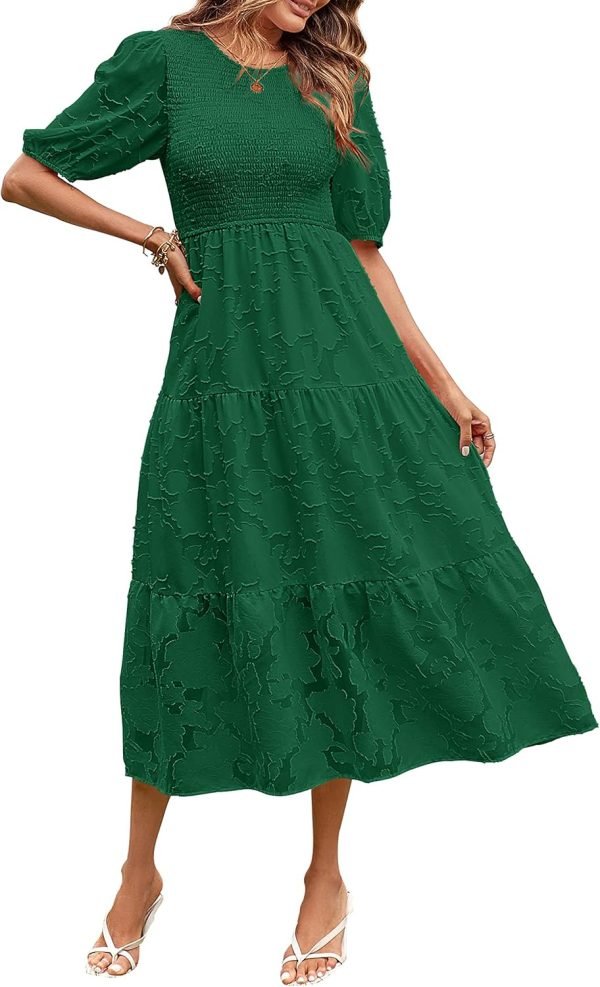 Saonta  Women's 2024 Summer Puff Sleeve Smocked Floral Dress Crewneck Lace Flowy Tiered Midi Dresses