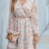 Saonta  Women's Floral Print Chiffon A-Line Mini Dress Long Peasant Sleeves
